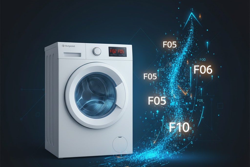 A Hotpoint washing machine displaying "F02 F05" on its digital screen, with various error codes like "F05," "F06," and "F10" emerging from its base in a glowing blue digital stream