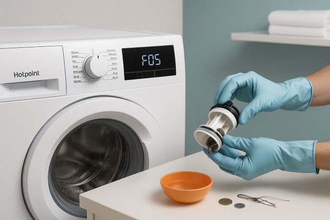 A person wearing blue gloves cleans a washing machine drain filter next to a Hotpoint washer displaying the error code “F05.” Small items like coins and a hairpin are placed on the table beside an orange bowl.