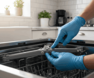 technician's hands wearing blue work gloves, carefully inspecting a dishwasher spray arm
