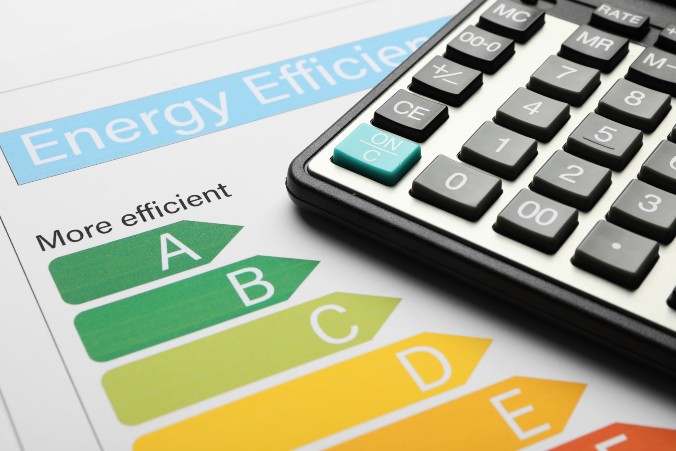 Calculator sitting on an A to G appliance energy rating document.